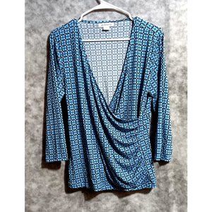 Liz Claiborne drapey  top Wmn's Sz L - geometric pattern on blue